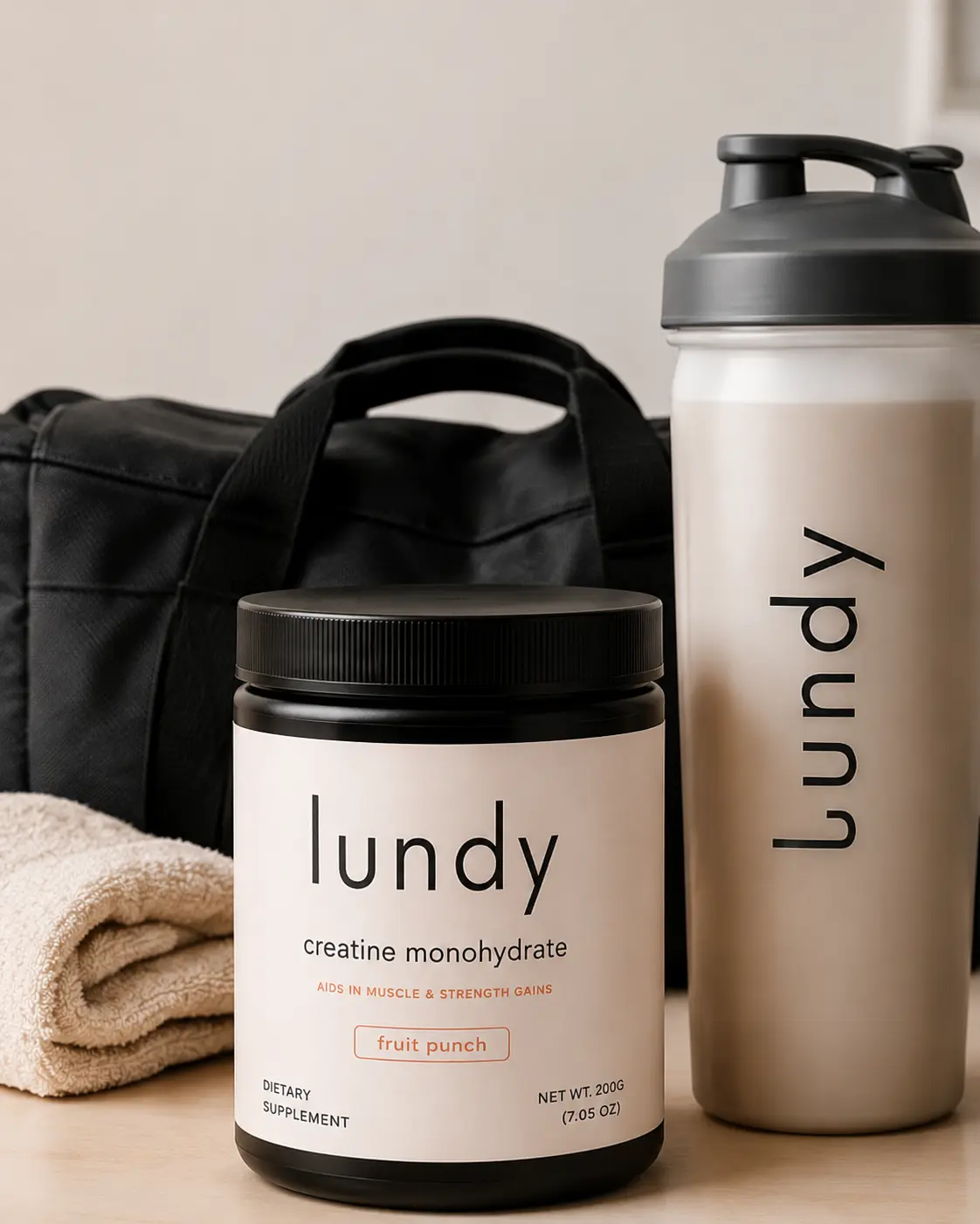 Gym duffel bag, Lundy shaker bottle and jar